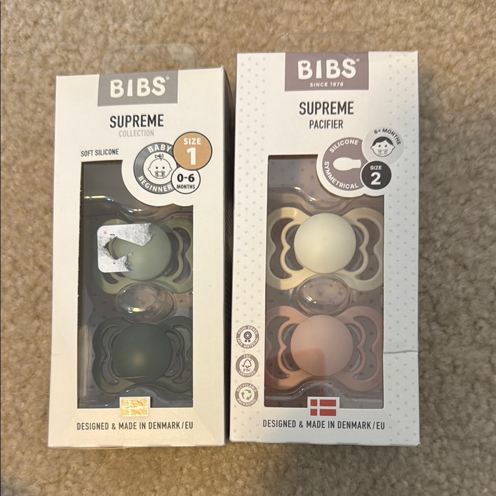 BIBS Supreme Pacifier Set - Green and Pink size 1 and 2 NEW mam